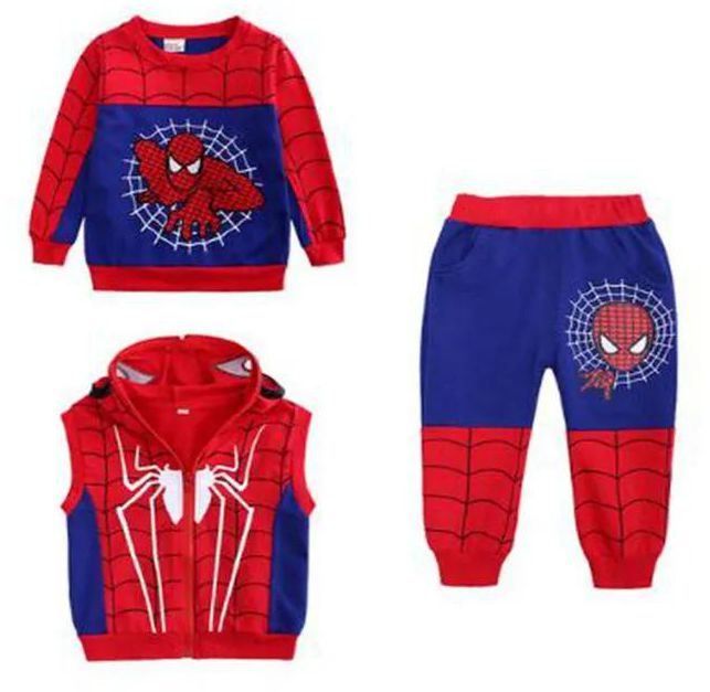 Kids Spiderman Suit Boy Clothes Cartoon Sleeveless Hooded Jacket + T-Shirt + Pants Baby Clothing Toddler Sportswear Superhero