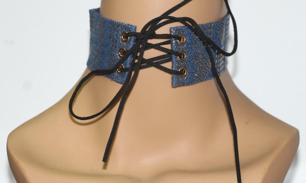 Tanos -  Denim Choker Necklace Lace-up Suede with Heart and Square Design