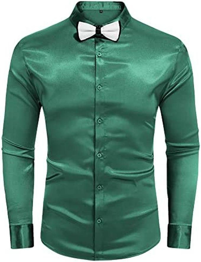 MCsons Green Men's Luxury Silk Button Down Satin Shirt Long Sleeve Dress With Bow Tie