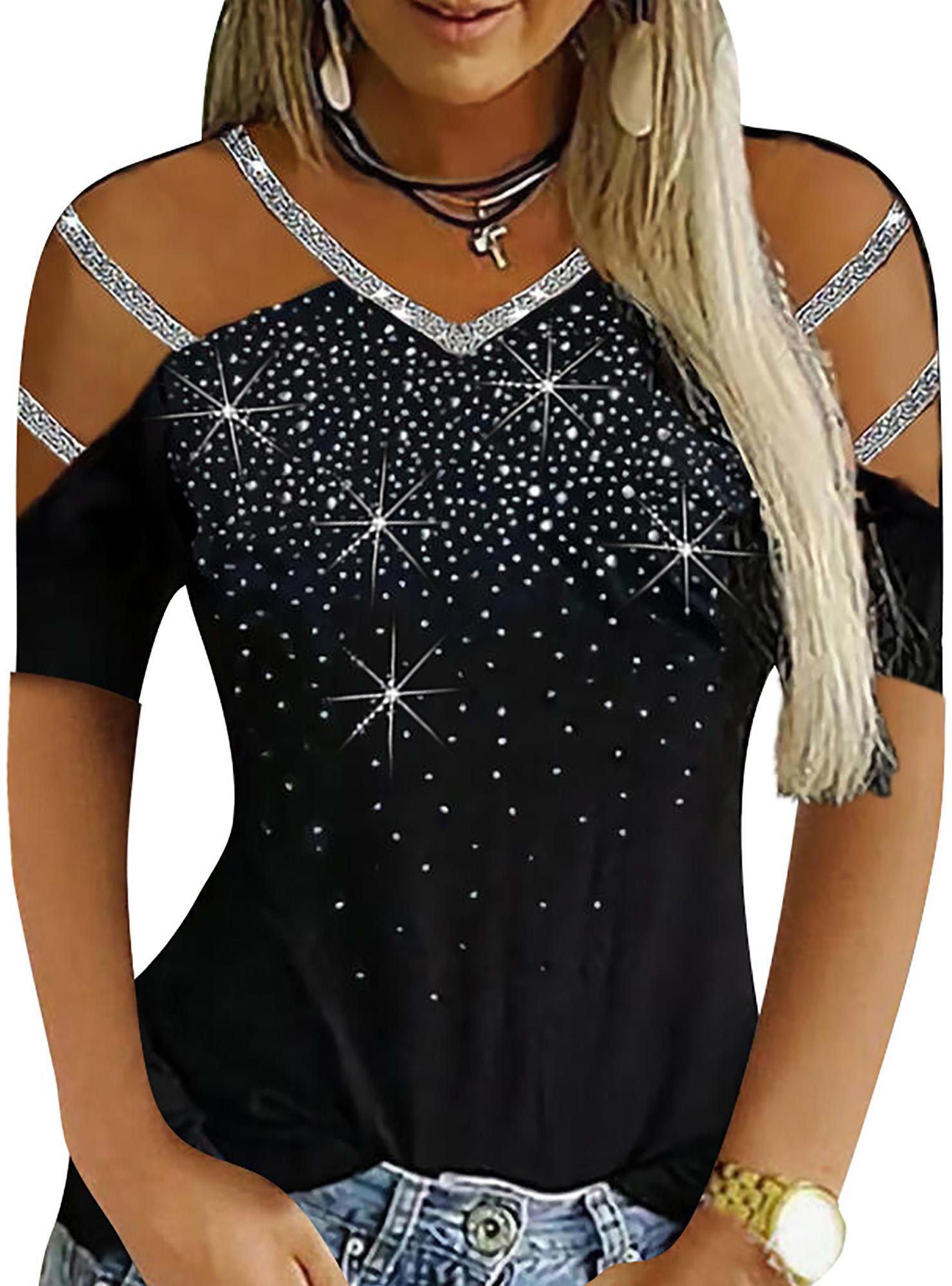 Buy Julycc Womens Casual Short Sleeve Cold Shoulder Rhinestone Blouse T Shirt Top Online in Saudi Arabia. 685057033