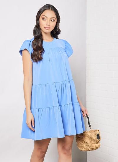 فستان قصير أساسي وكاجوال بأكمام مكشكشة ورقبة مستديرة أزرق