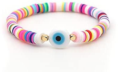 Colorful Heishi Evil Eye Bracelets,Bohemian Handmade Soft Pottery Beades Polymer Clay Rainbow Elastic Rope Bracelet Summer Beach Jewelry for Women