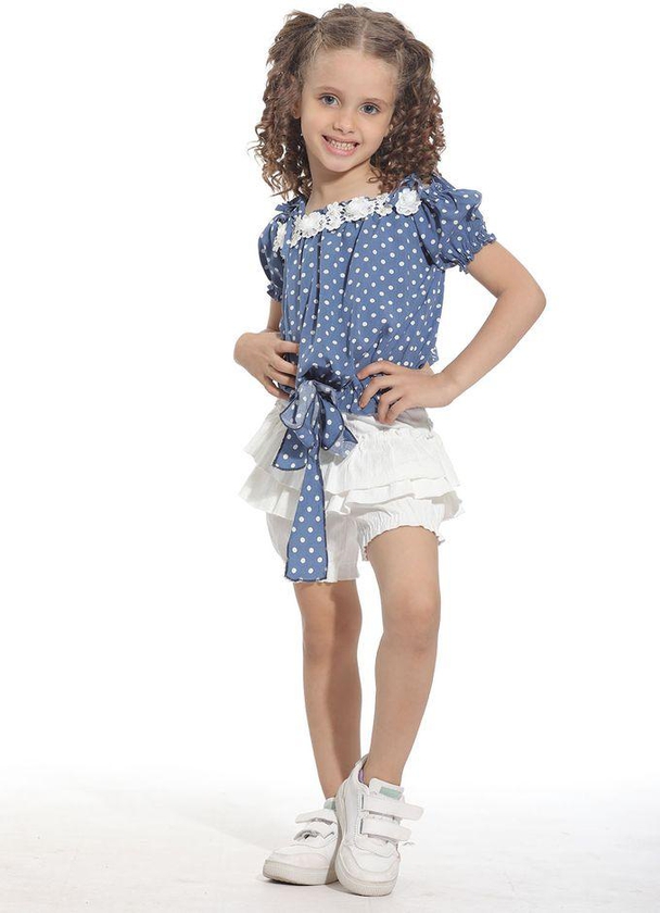 Ktk Blue Dotted Top With Ruffled White Shorts Set