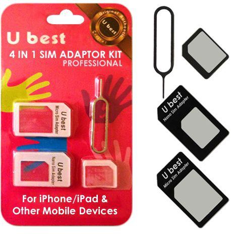4 in 1 Nano SIM to Micro SIM / Standard SIM Card Adapter and Eject Pin for iPhone 5 4S 4 iPad