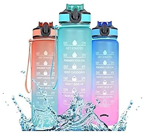 hanso Water Bottle 1L (32OZ), BPA Free Motivational Water Bottle with Time Marker Water Bottle for Kids Anti-slip for Gym, Camping and Outdoor Sports multi colors