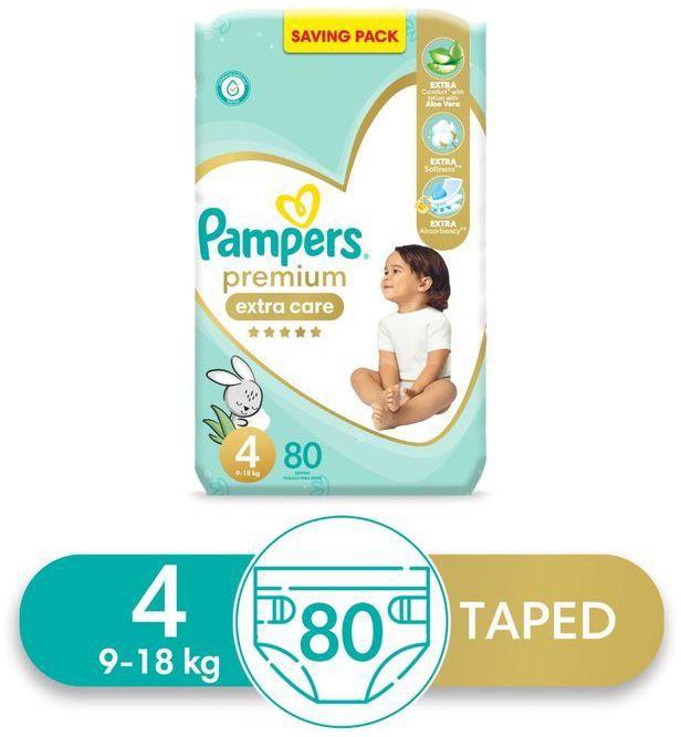 Pampers Premium Extra Care Baby Diapers With Aloe Vera Lotion - Size 4 – From 9Kg To 18Kg – 80 Count