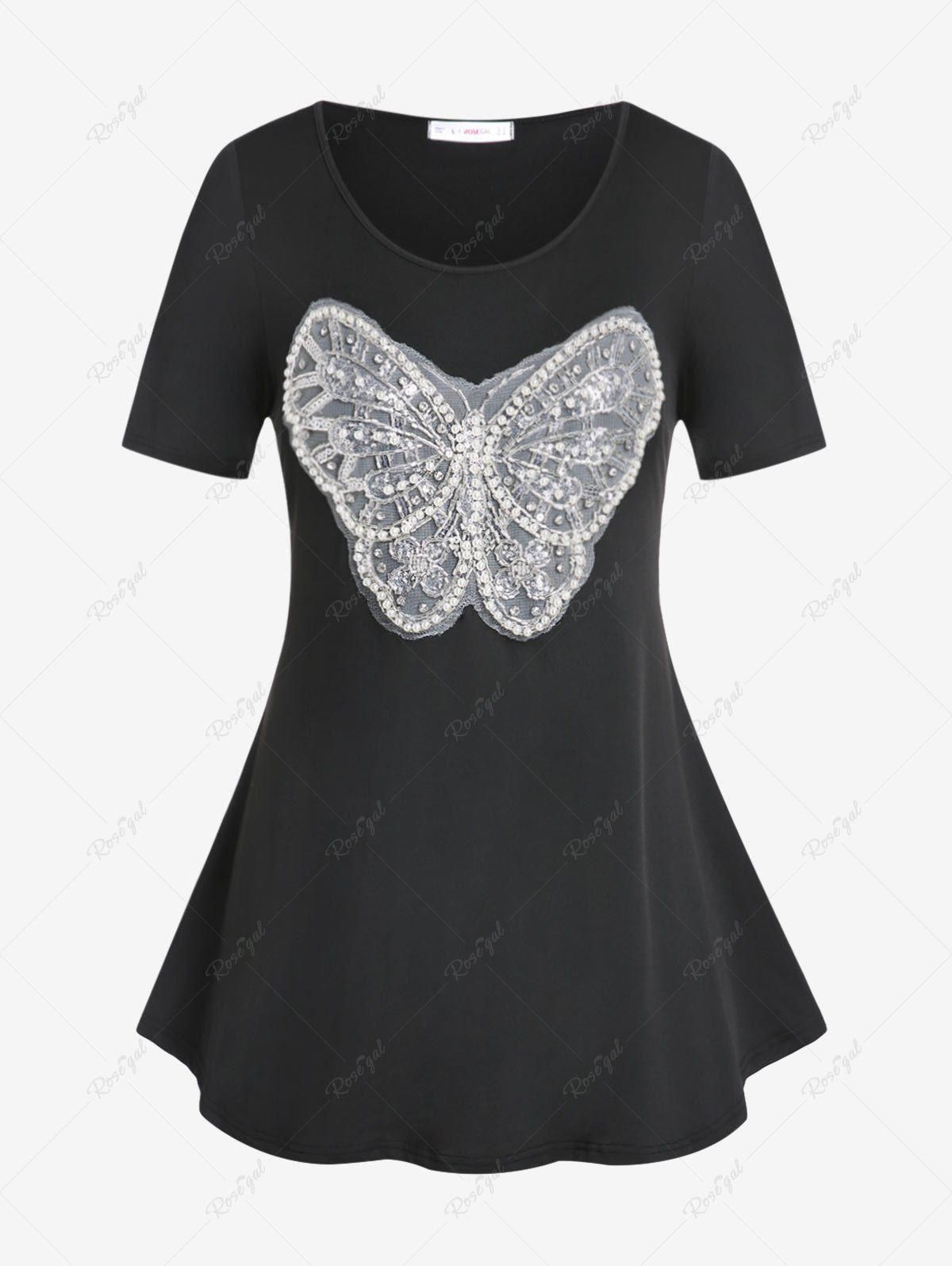Plus Size & Curve Beads Lace Butterfly Embroidered T Shirt - M | Us 10