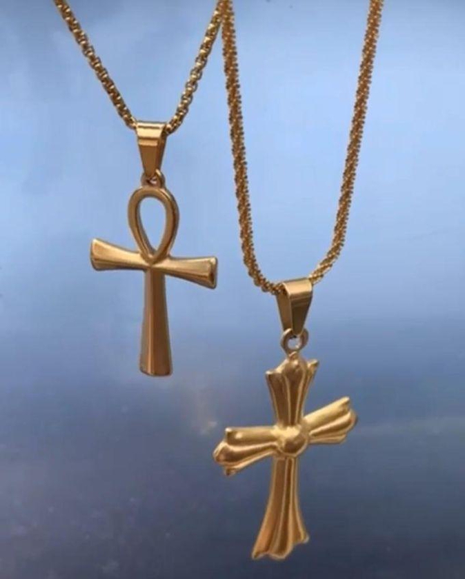 Double Cuban Chain With Cross Pendant >>Gold