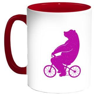 قدح قهوة - صورة دب يقود دراجة وردي/ أحمر/ أبيض