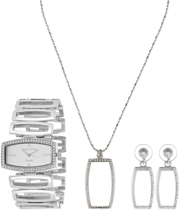 Charles Delon Sparkle Women's Silver Dial Stainless Steel Band Watch & Jewelry Set - 5189 LPSW