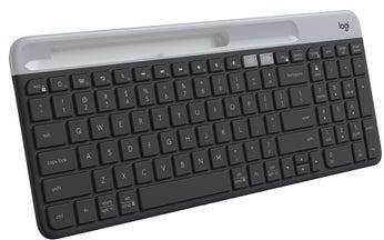 K580 Slim Multi-Device Wireless Keyboard - Bluetooth/Receiver, Compact, Easy Switch, 24 Month Battery, Win/Mac, Desktop, Tablet, Smartphone, Laptop Compatible, Arabic Keyboard Black/Grey
