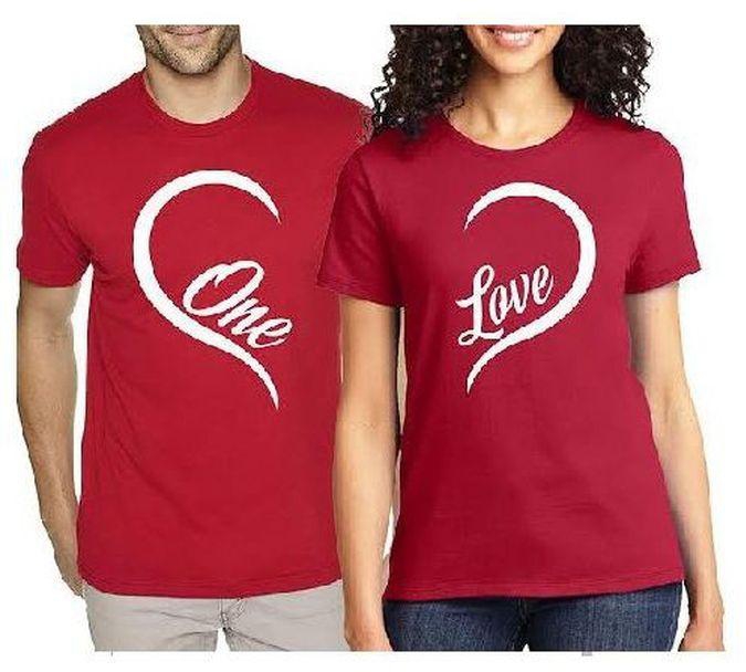 ONE LOVE Couple Round Neck T Shirt- Red