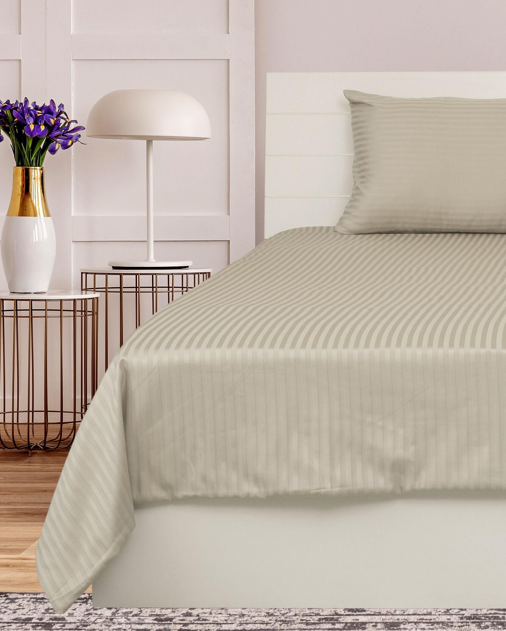 Hotel Linen Klub Queen Bed Sheet 3pcs Set , 100% Cotton 250Tc Sateen 1cm Stripe, Size: 240x260cm + 2pc Pillowcase 50x75cm , Stone
