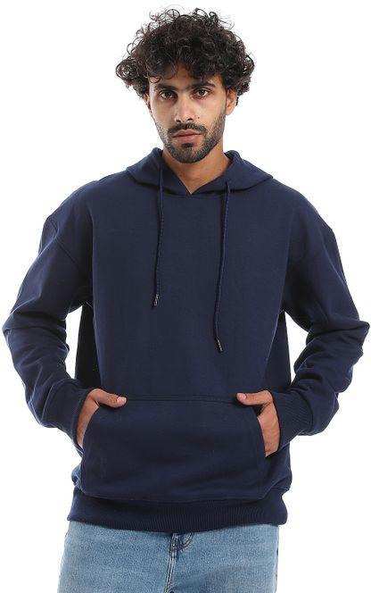 Pavone Solid Pattern Hoodie with Front Pocket - Navy