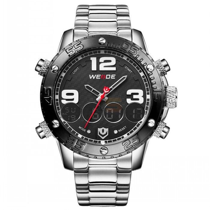 WEIDE 3405 Men's Quartz Watch Digital Double IP Show Sports Watch Stailess Steel Band Back Light Waterproof-Black & Silver