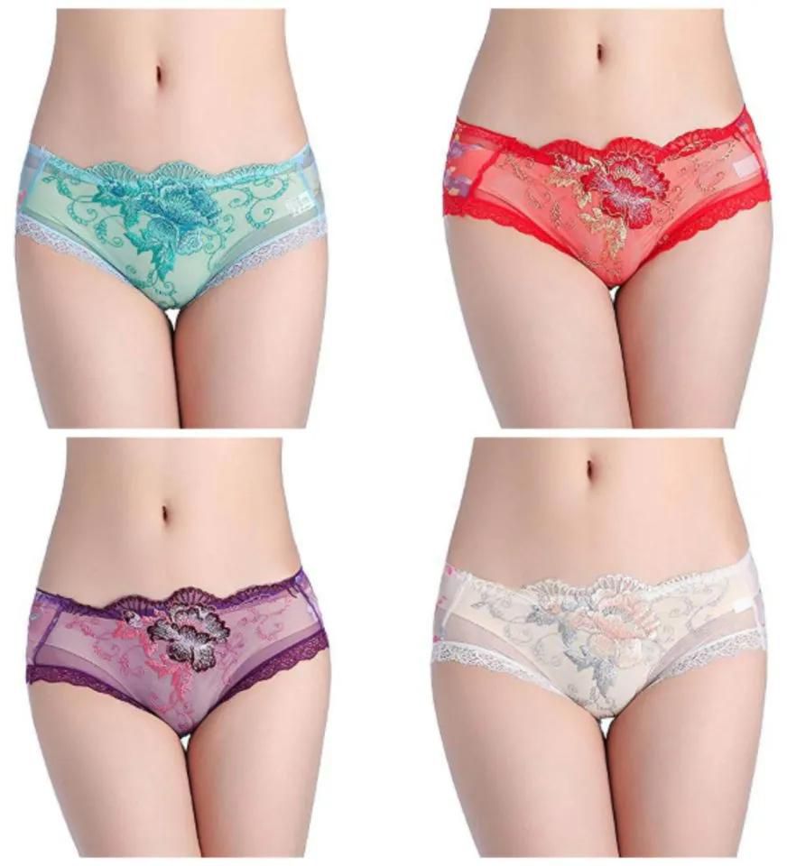 Sexy Lace Thong Women Embroidery Flower Low Waist Transparent