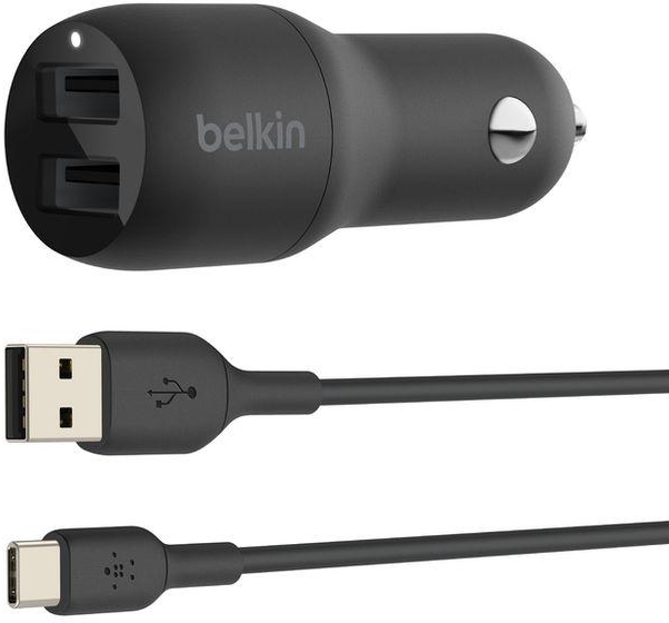 Belkin Dual USB-a Car Charger 24w + USB-a To USB-c Cable