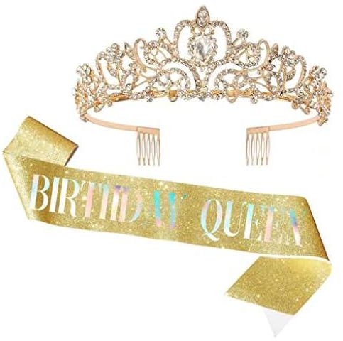 Rose Gold Birthday Queen Sash & Rhinestone Tiara Kit Rose Gold Birthday Gifts Diamond Glitter Birthday Sash Birthday Party Favors(Gold)