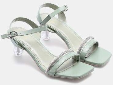 Stone Embellished Strap Heeled Sandals Olive/Silver