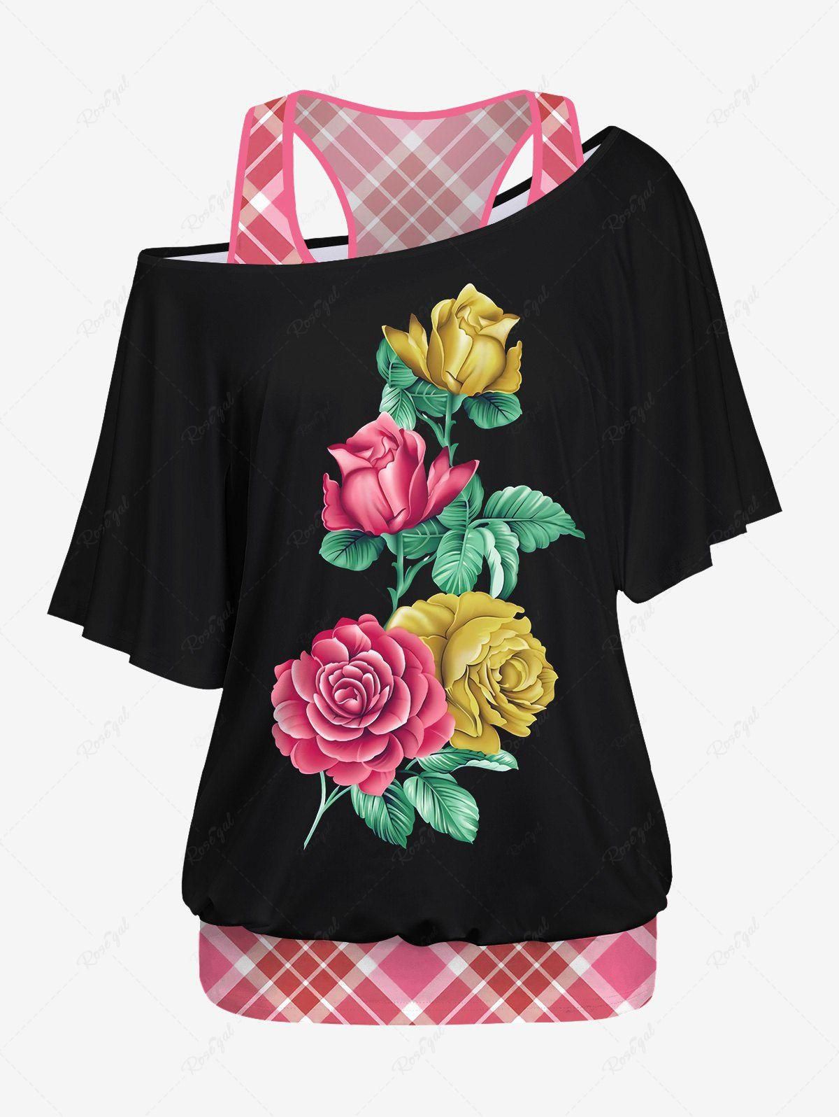 Plus Size Racerback Tank Top and Rose Flower Leaf Print Batwing Sleeve Skew Collar T-shirt - 6x