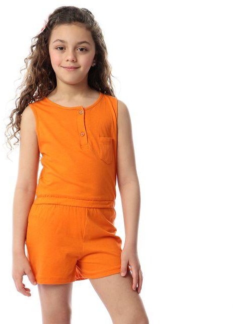 Izor Girls Sleeveless Buttoned Jumpsuit With Elastic Waist - Orange