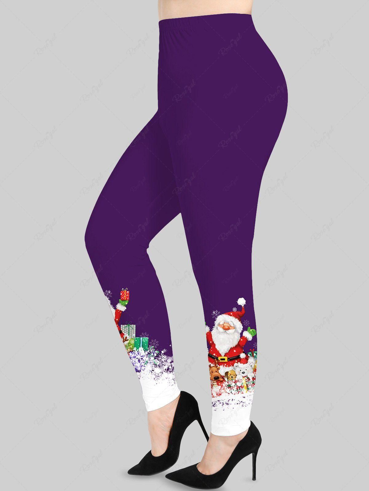Plus Size Christmas Santa Claus Bear Dog Elk Snowflake Colorblock Print Leggings - L