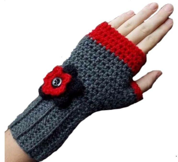 Handmade Crochet Fingerless Gloves - Grey And Red