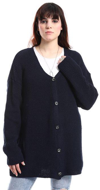 Andora Buttons Down Closure V-Neck Knitted Cardigan - Navy Blue