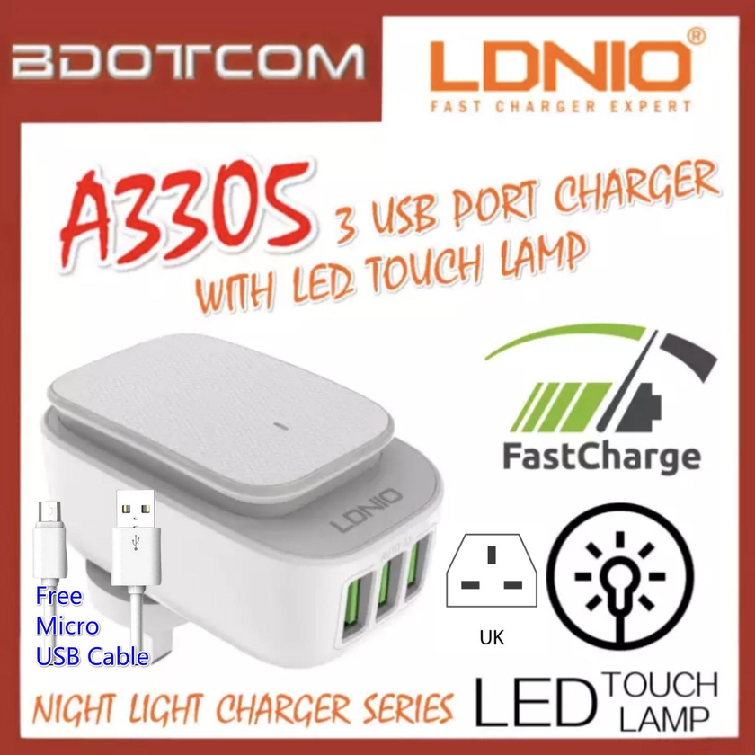 LDNIO A3305 Auto iD 3 USB Port Charger with LED Touch Lamp for Samsung