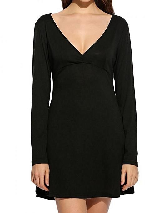 Sunshine Fashion Wrap Front V-Neck Long Sleeve Solid A-Line Short Dress-Black