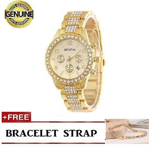 Geneva Wrist Watch With New Fashion Rhinestone Studded Watch - Gold