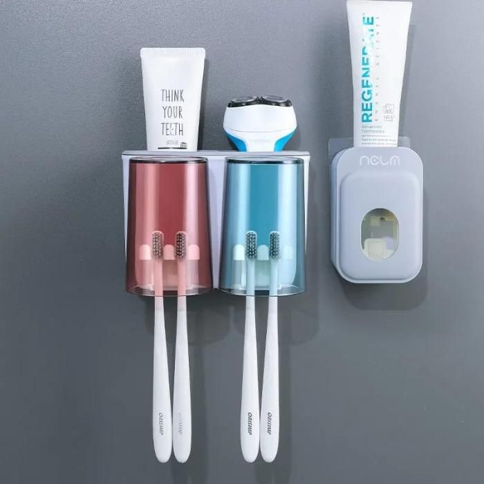 Wall mounted Toothbrush and toothpaste dispenser with  2 cups