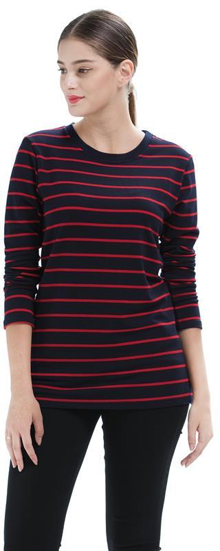 Women's T Shirt Plus Size Loose Leisure O Neck Stripes Long Sleeve All Match Top Wear L, Red,