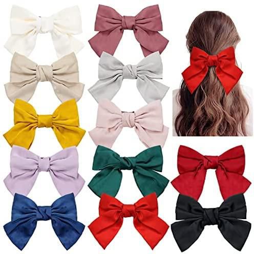 Large Knot, 12 Pack Oversized Bowknot Satin Hair Bows French Barrettes Hair Clips Bun Ponytail Holder Hair Ribbon Accessories for Women Girl