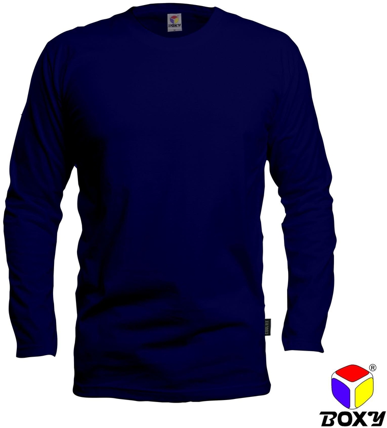 Boxy Microfiber Round Neck Long Sleeves Plain T-shirt - 7 Sizes (Navy)