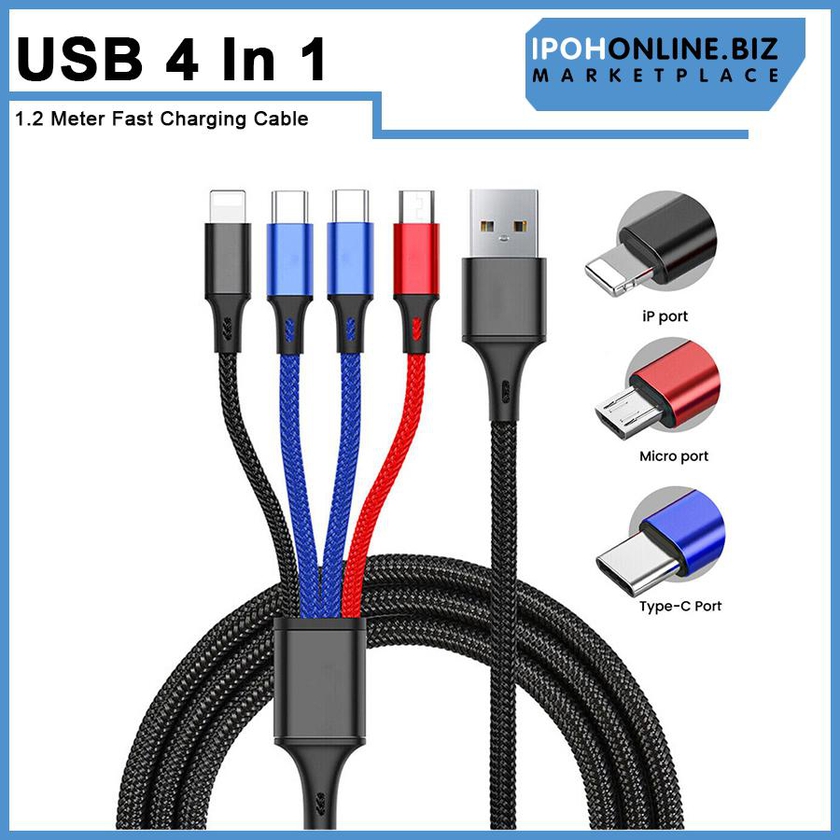 4 in 1 USB Fast Charging Cable Double Type C 1 Lightning 1 Micro USB Port 1.2 Meter