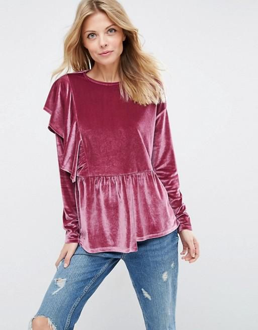 ASOS Top with Exaggereated Ruffle in Velvet Pink