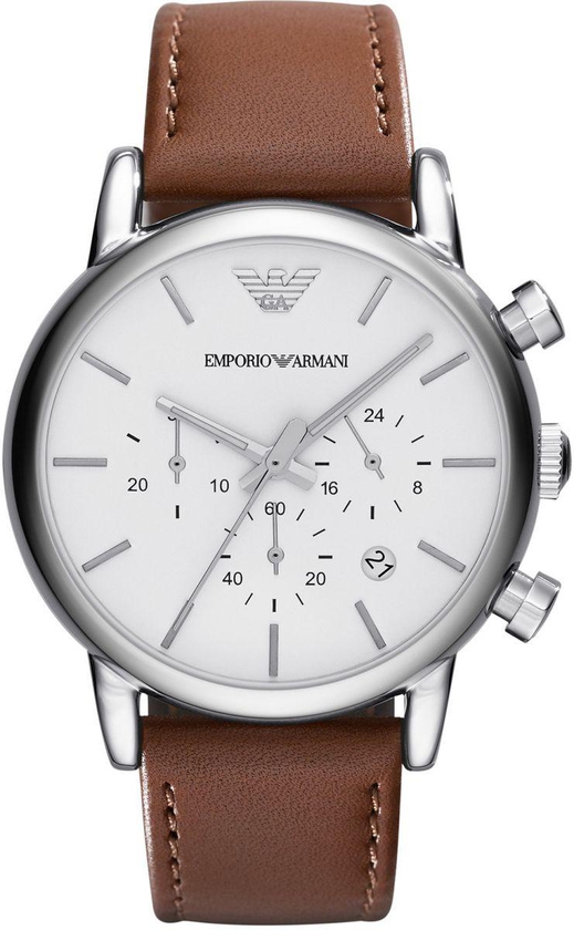 Emporio Armani Classic Men's Silver Dial Leather Band Chronograph Watch - AR1846