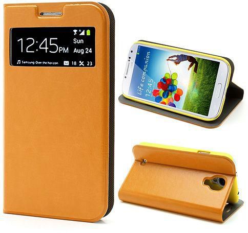 Window Crazy Horse Leather Case For Samsung Galaxy S4 I9500 I9505, Wake Up / Sleep Function - Yellow