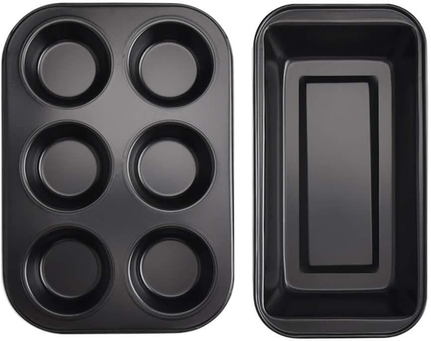 2 PCS, 6 Cups Cupcake Tray + Loaf Pans&nbsp;, Nonstick Brownie Cake Pan, Carbon Steel Bakeware for Oven Baking Muffin Tray Tool Mold
