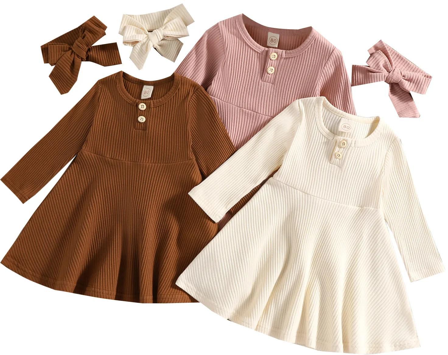  6M-4Y Infant Toddler Kids Baby Girls Dress Soft Knitted Long Sleeve Button Dresses For Girls Autumn Spring Clothing 