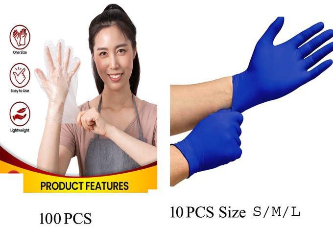 Gloves Nitrile Blue 10 PCS + Plastic Gloves 100 PCS