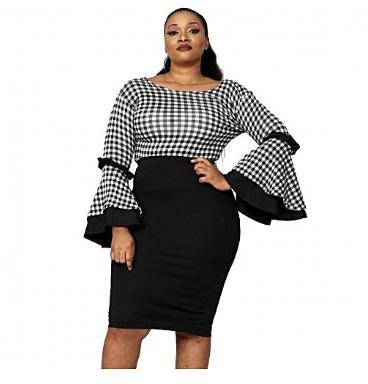 May Check Bell Sleeve Top And Pencil Skirt Bundle-multi