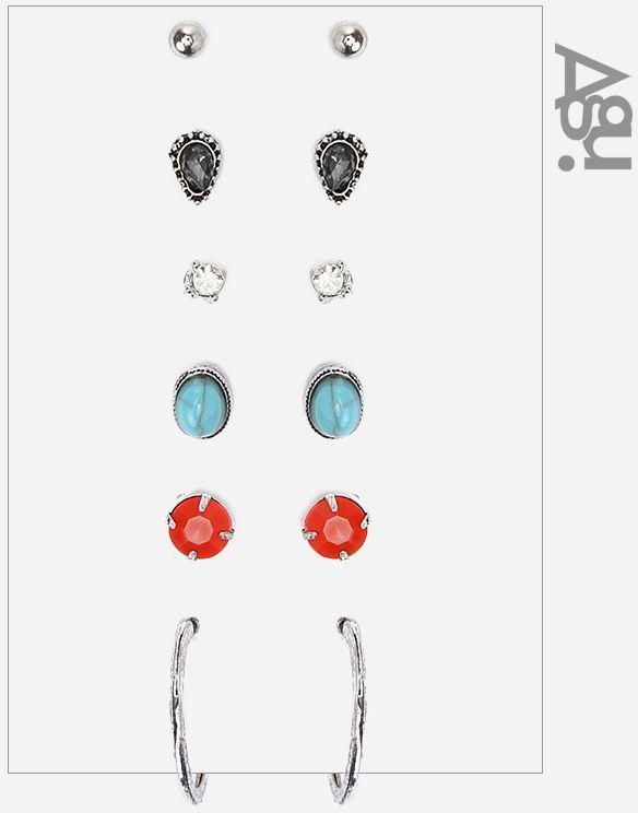 Set Of 6 Earrings - Red, Turquoise, Black & Silver