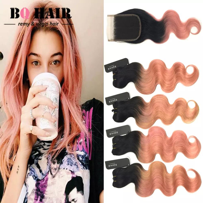 BQ HAIR 8A 1B-Rose Gold Ombre Color Body Wave Dark Root 4Bundles/400g and 4*4 Lace Closure 1b-rose gold 10 10 10 10 +12