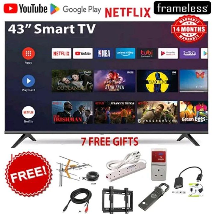 VITRON43 HTC 4388FS 43" INCH FRAMELESS FHD SMART TV ANDROID TV NETFLIX ,YOUTUBE TELEVISION 43 INCHES , BUILT-IN WIFI, APP STORE 1GB-RAM 8GB-ROM  + 6 FREE GIFTS