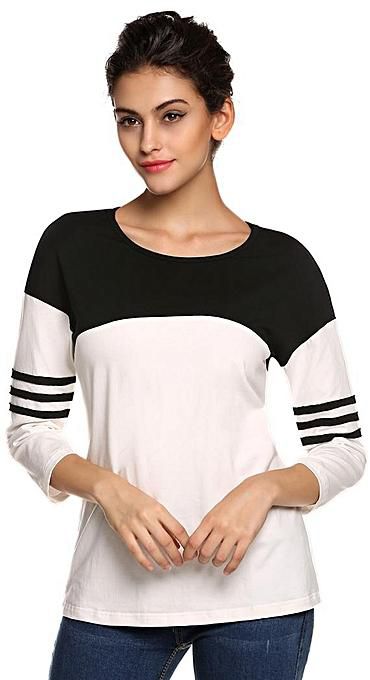 Sunweb Meaneor Fashion Casual Round Neck 3/4 Sleeve Patchwork Contrast Color Stretch Loose T Shirt Tops ( Black )