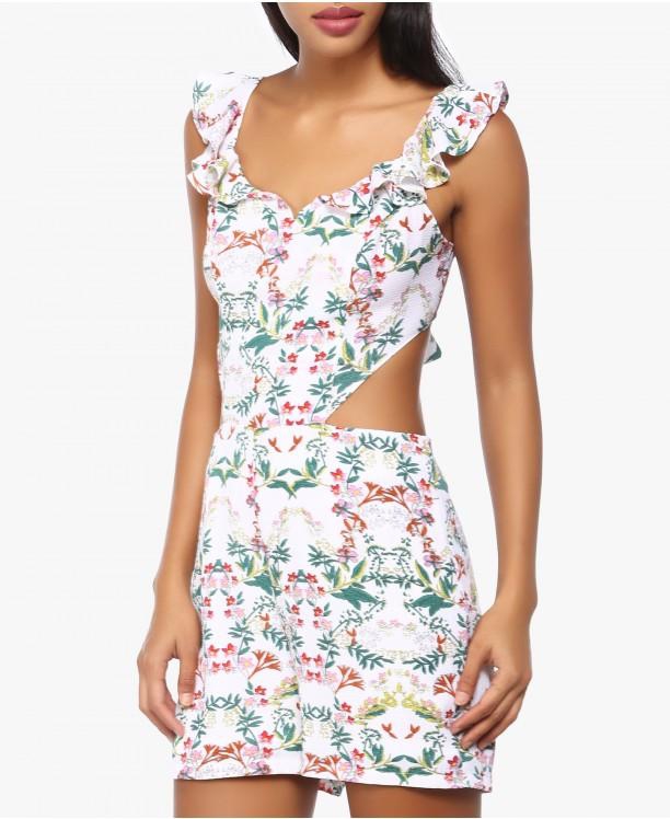 White Floral Print Backless Playsuit