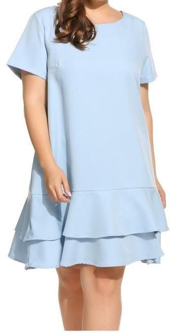 Women Short Sleeve Solid Double Layer Ruffles Hem Dress Plus Size-Sky Blue