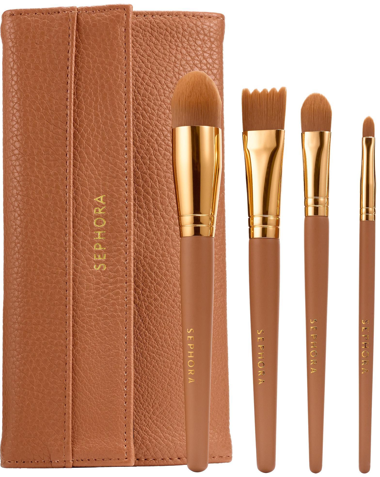 Sephora Women's 4 piece Synthetic Soft Complexion Make Up Brush Set With Rose Gold Pouch